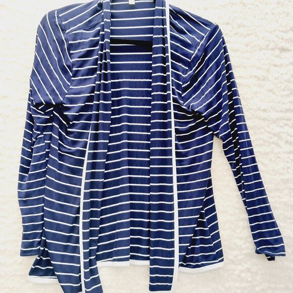 Sweater Open Cardigan Size L Navy Stripe Sailor Coastal Grandma Nautical Cruise - Picture 12 of 13